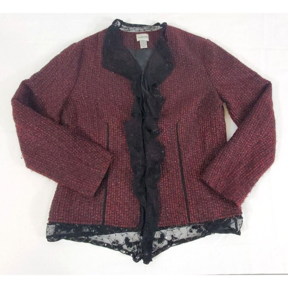 Chico's Blazer Women's Size 1 Medium Black & Red Tweed Jacket Lace